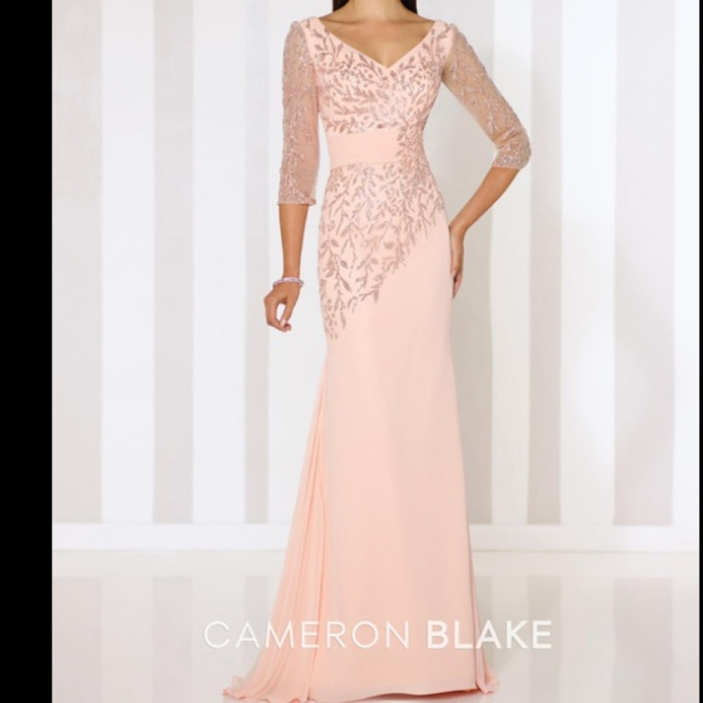 Mother of the Bride peach Chiffon gown by Cameron Blake